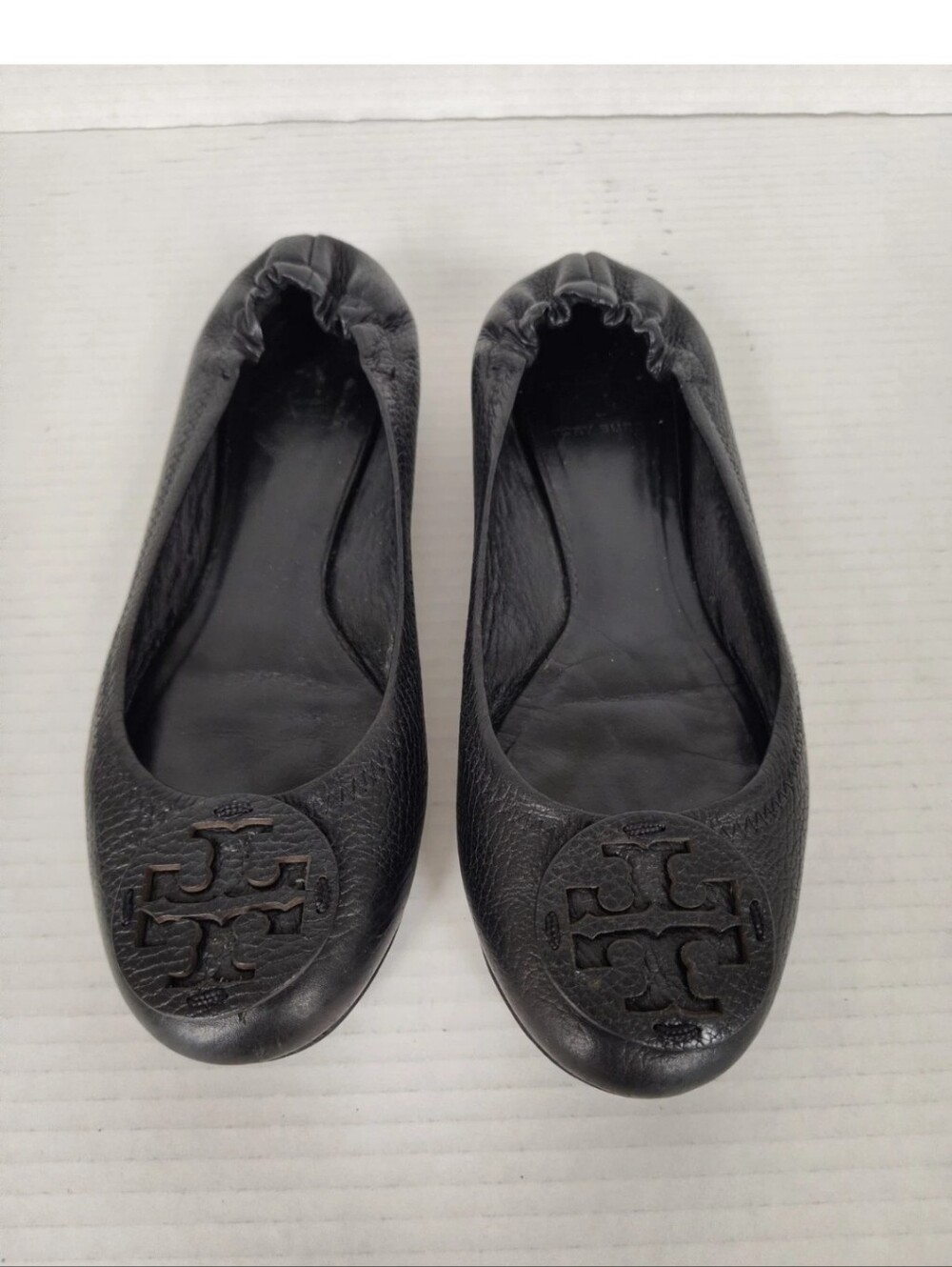 TORY BURCH Reva Ballet Flats Black Pebbled Leather Size 7 Slip on Shoes